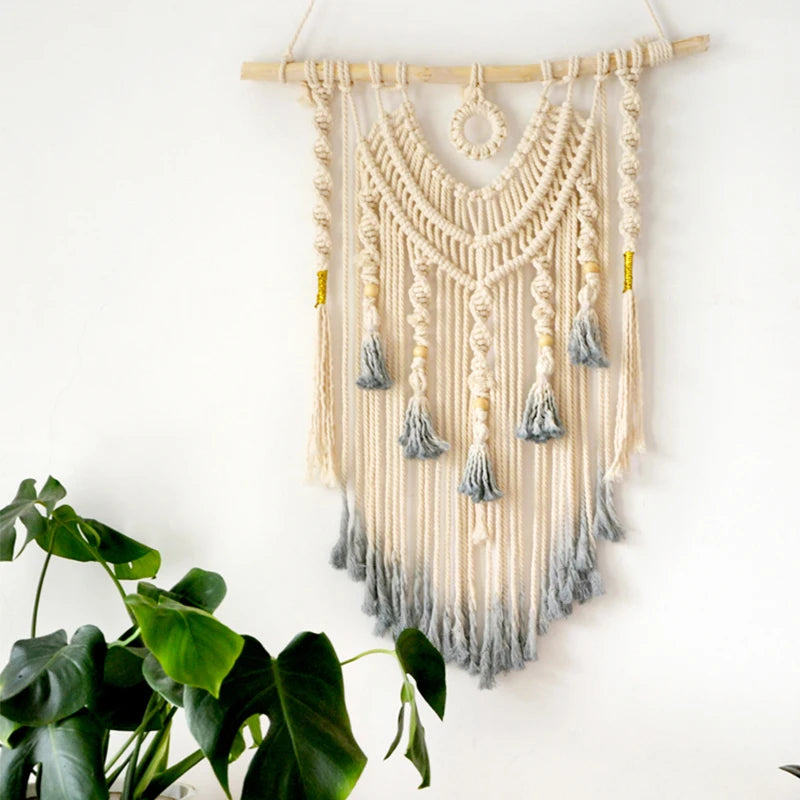 Large handmade macramé dream catcher wall hanging by Cavira, featuring boho woven tapestry for bedroom or neutral wall decor.