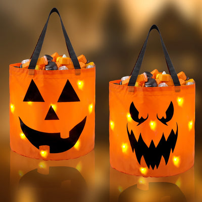2 Pcs Halloween Candy Bag,Led Light Pumpkin Candy Buckets for Kids,Halloween Trick or Treat Bucket with Pumpkin Smile Face for Halloween Party Favors Goodie Bags
