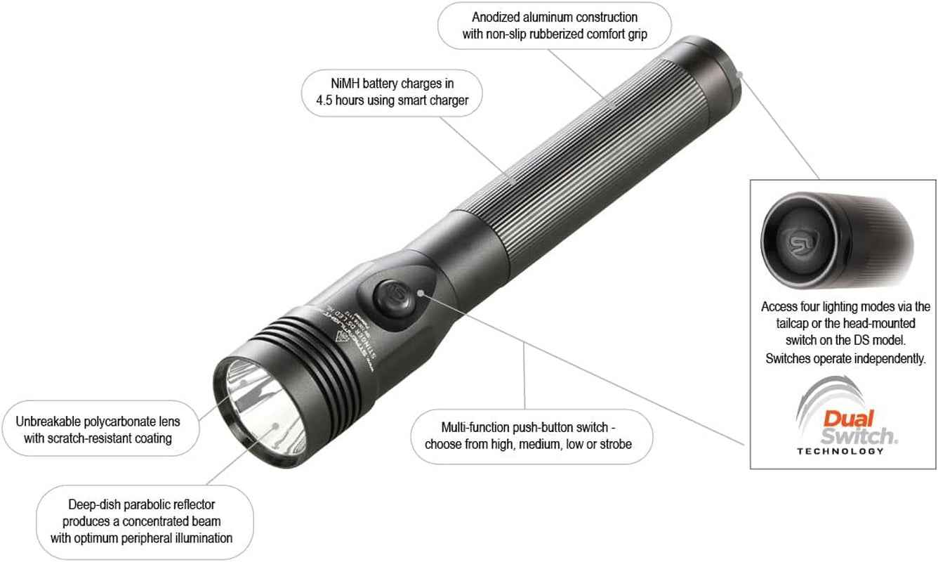 75458 Stinger DS LED HL 800-Lumen Rechargeable Dual Switch Flashlight with 120-Volt Ac/12-Volt DC Smart Charge Piggyback Charger (Nimh), Black - GG store