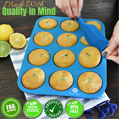 Ultimate Silicone Muffin Pan Set - Non-Stick 12 Cup and 24 Mini Cupcake Molds with 2 Spatulas and Recipe E-Book Included!