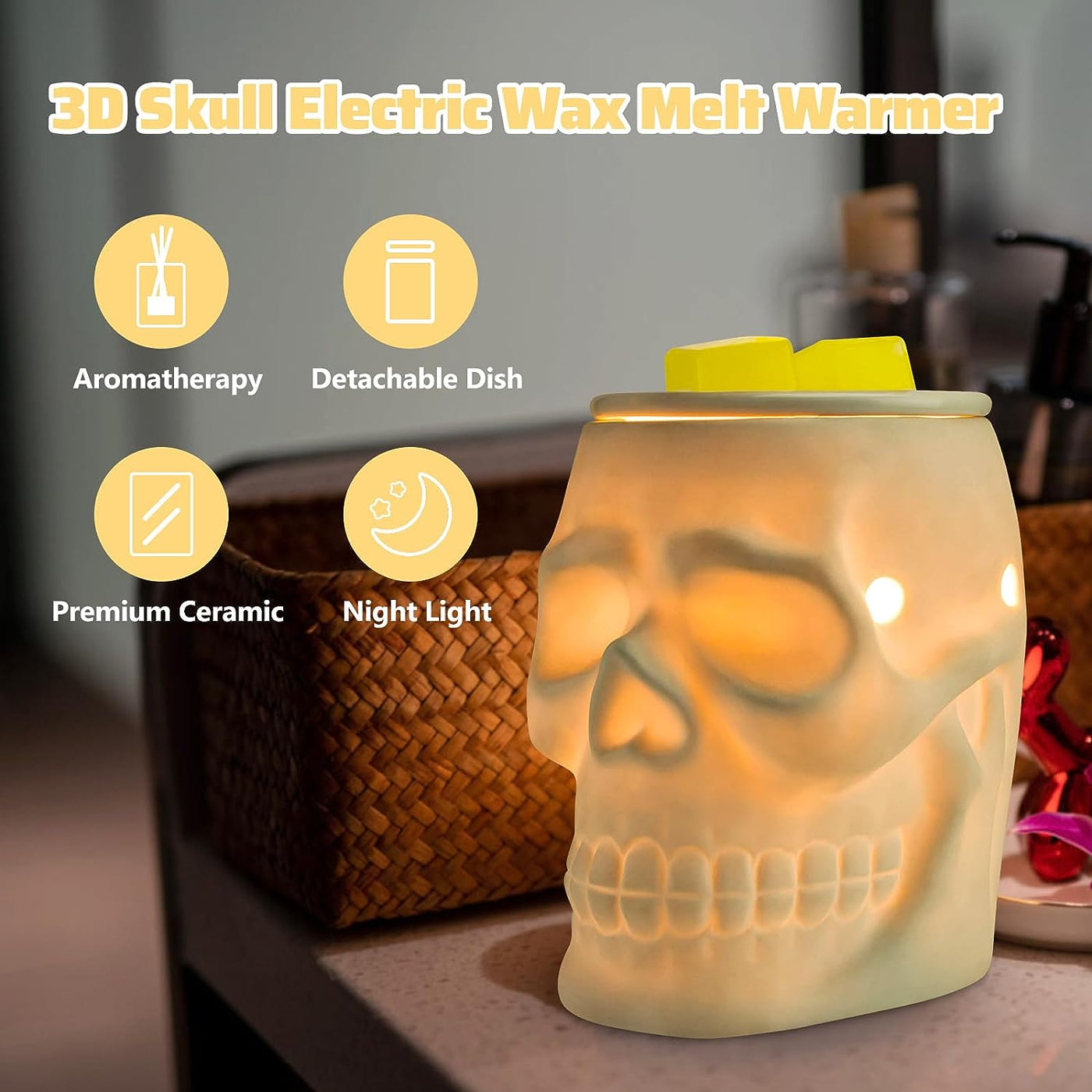 Spooky Ceramic Skull Wax Melt Warmer - Electric Scentsy Melter for Fragrant Wax Cubes