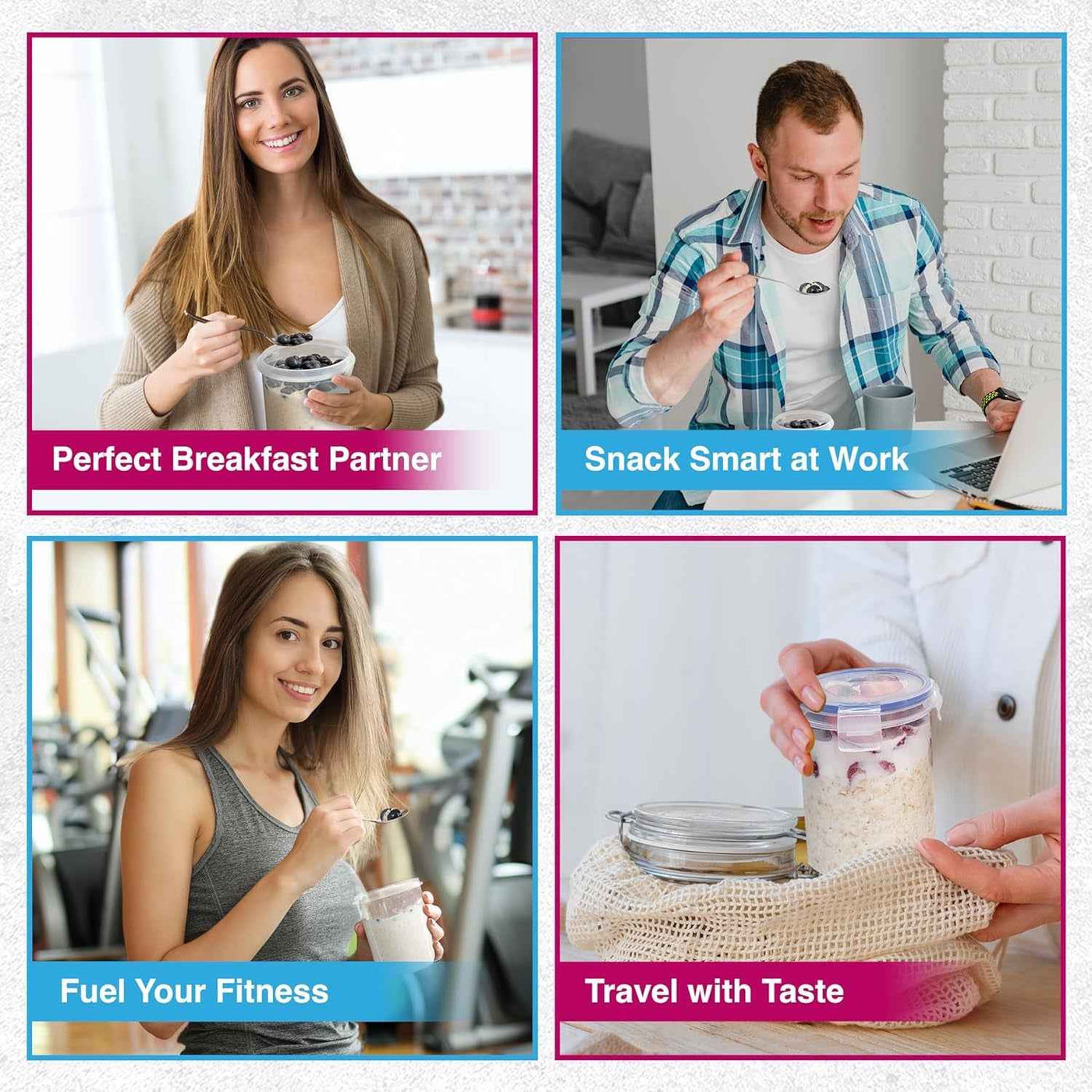 Overnight Oats Container with Lids (4-Piece Set) - 16 Oz Plastic Containers - Oatmeal Container to Go | Portable Cereal and Milk Container| Snap Lock Storage Jars with Airtight Lids - GG store