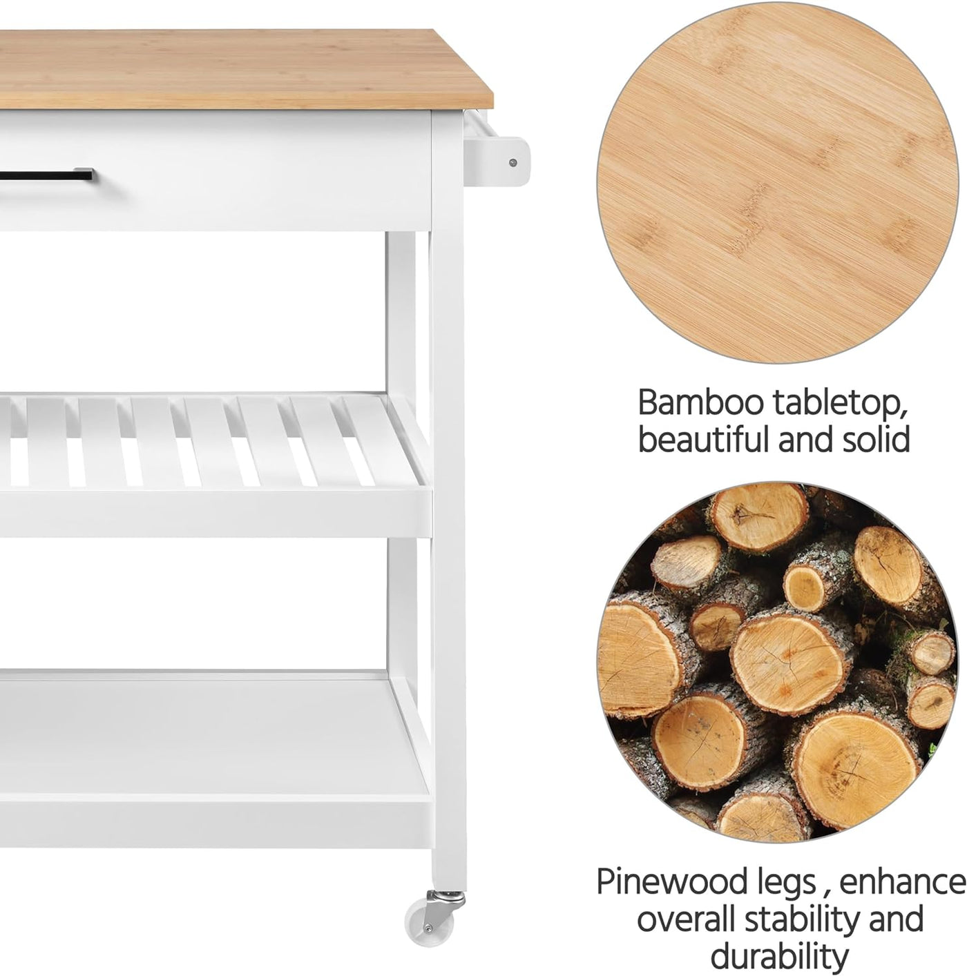 Stylish 40" Rolling Kitchen Island Cart with Solid Wood Top, 3 Tiers and Ample Storage - Perfect for Dining or Entertaining, White Finish