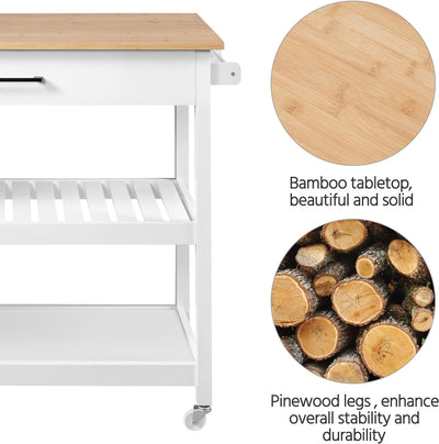 Stylish 40" Rolling Kitchen Island Cart with Solid Wood Top, 3 Tiers and Ample Storage - Perfect for Dining or Entertaining, White Finish