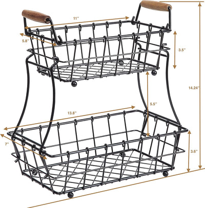 Stylish 2-Tier Black Metal Wire Basket for Fruits and Bread - Perfect Countertop Organizer!
