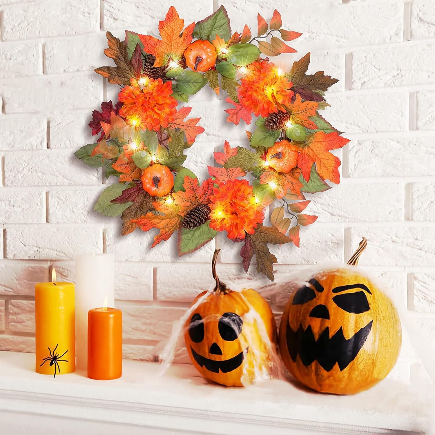 20” Pre-Lit Autumn Fall Door Wreath with Timer – LED Seasonal Front Door Decoration