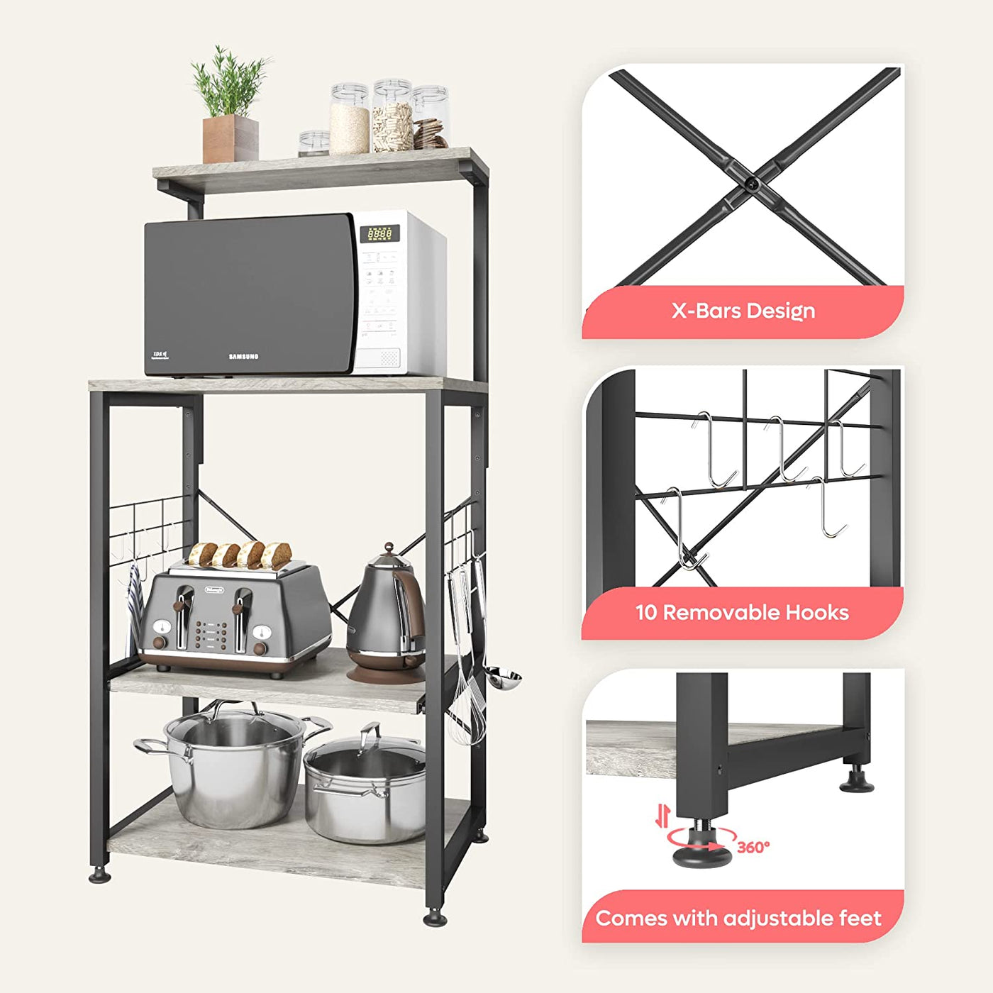 Multifunctional Kitchen Bakers Rack with Rolling Wheels - Stylish Microwave Stand & Utility Storage Cart with 10 Hooks and Adjustable Feet