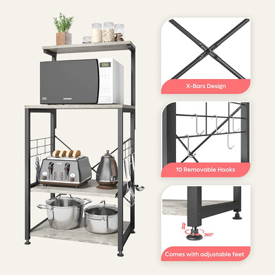 Multifunctional Kitchen Bakers Rack with Rolling Wheels - Stylish Microwave Stand & Utility Storage Cart with 10 Hooks and Adjustable Feet