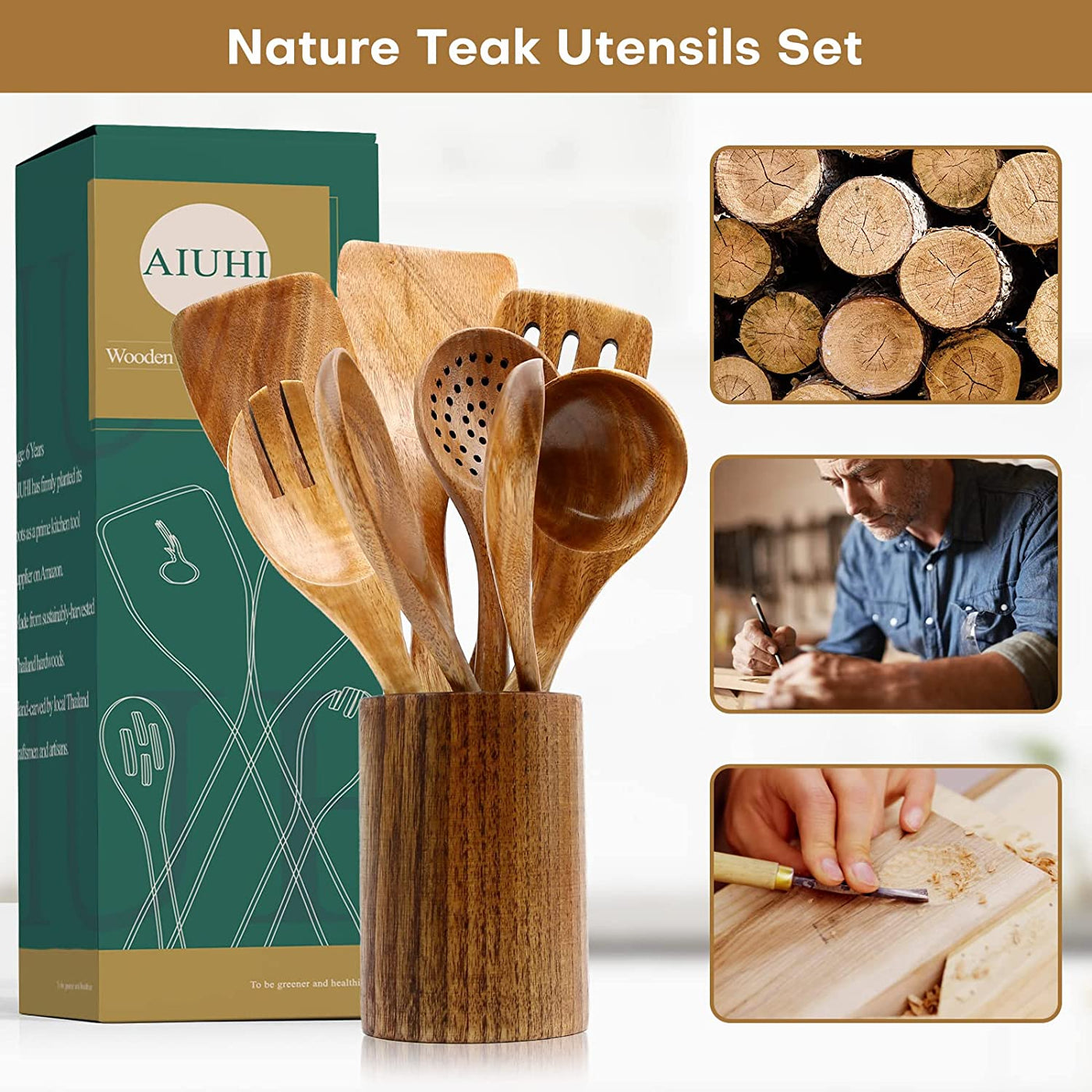 10-Pack Premium Wooden Cooking Utensils Set - Non-Stick Teak Spoons & Spatula for Effortless Kitchen Mastery