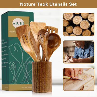 10-Pack Premium Wooden Cooking Utensils Set - Non-Stick Teak Spoons & Spatula for Effortless Kitchen Mastery