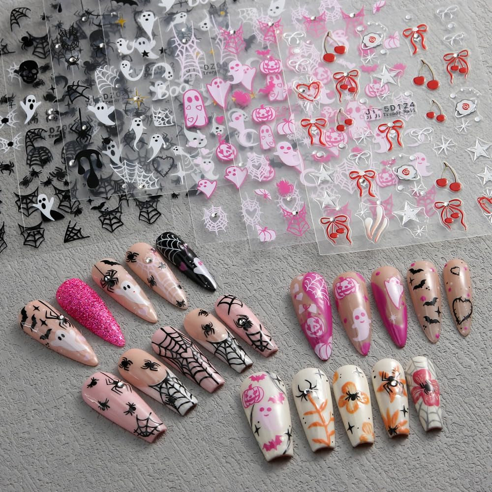 Spook-tacular 3D Halloween Nail Art Stickers - Set of 3 with Rhinestones: Spider Web, Skull & Ghost Designs for Glamorous Manicure Decor!