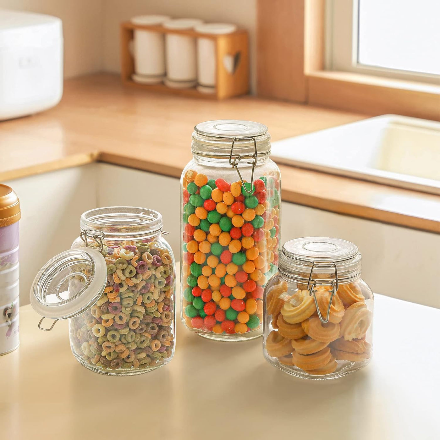 Airtight Glass Canister Set of 3 - 34Oz Food Storage Jars with Lids for Kitchen Canning, Cereal, Pasta, Sugar, Beans & Spices - Clear Preserving Seal and Wire Clip Fastening