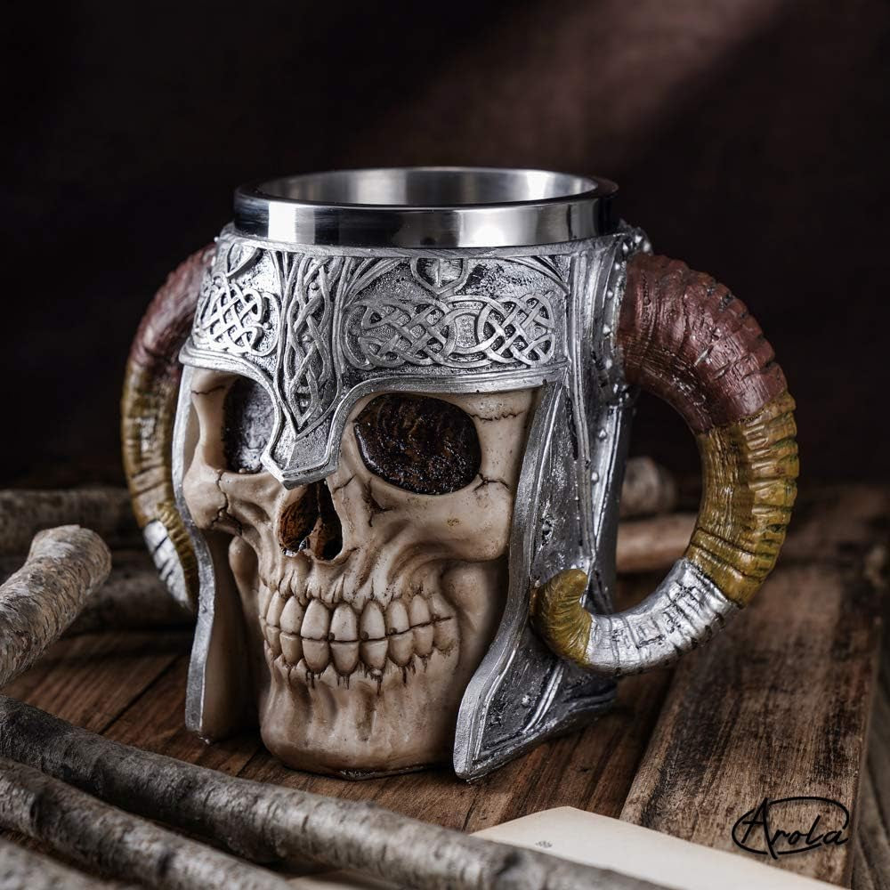 Stainless Steel Viking Skull Mug & Coaster Set - Double Handle Horn Tankard for Beer, Coffee & Beverages - 17oz Medieval Drinkware