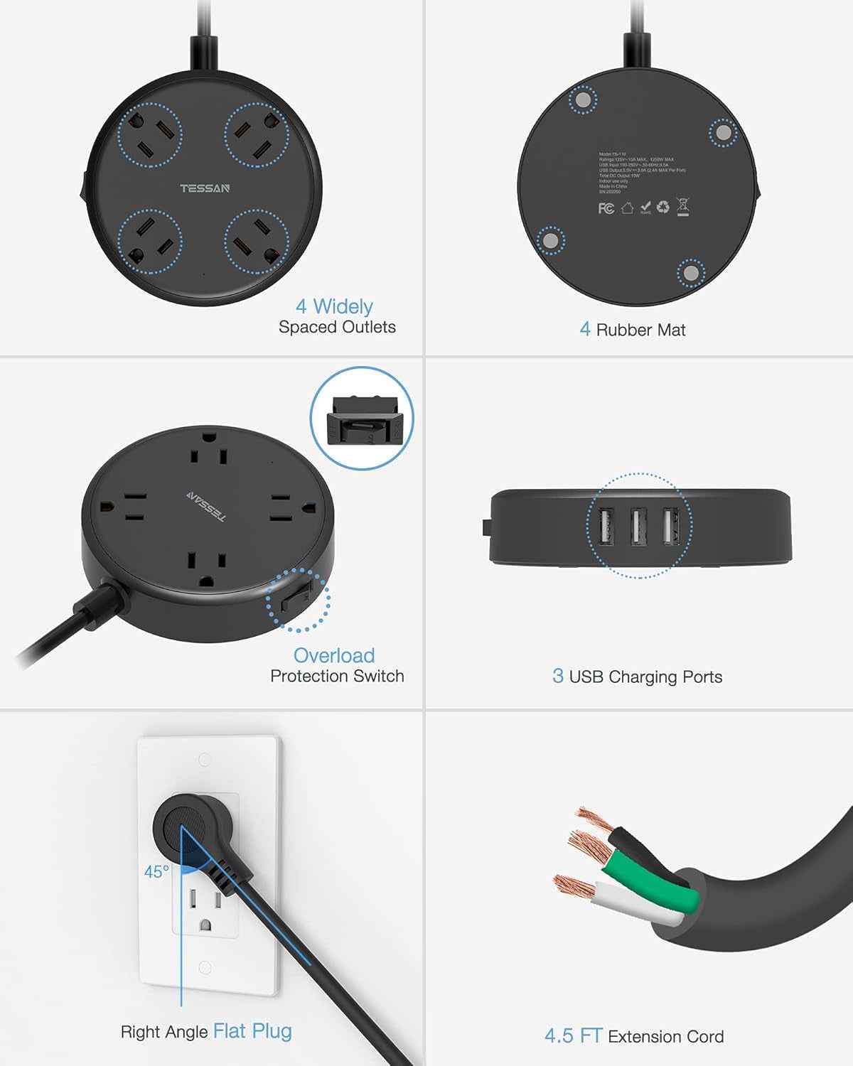 Cruise Power Strip with USB - 4 Wide Spaced Outlets, 3 USB Ports, Flat Plug 4.5Ft Extension Cord - Essential Travel and Dorm Charging Station in Black - GG store