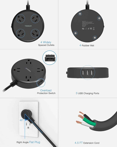 Cruise Power Strip with USB - 4 Wide Spaced Outlets, 3 USB Ports, Flat Plug 4.5Ft Extension Cord - Essential Travel and Dorm Charging Station in Black - GG store