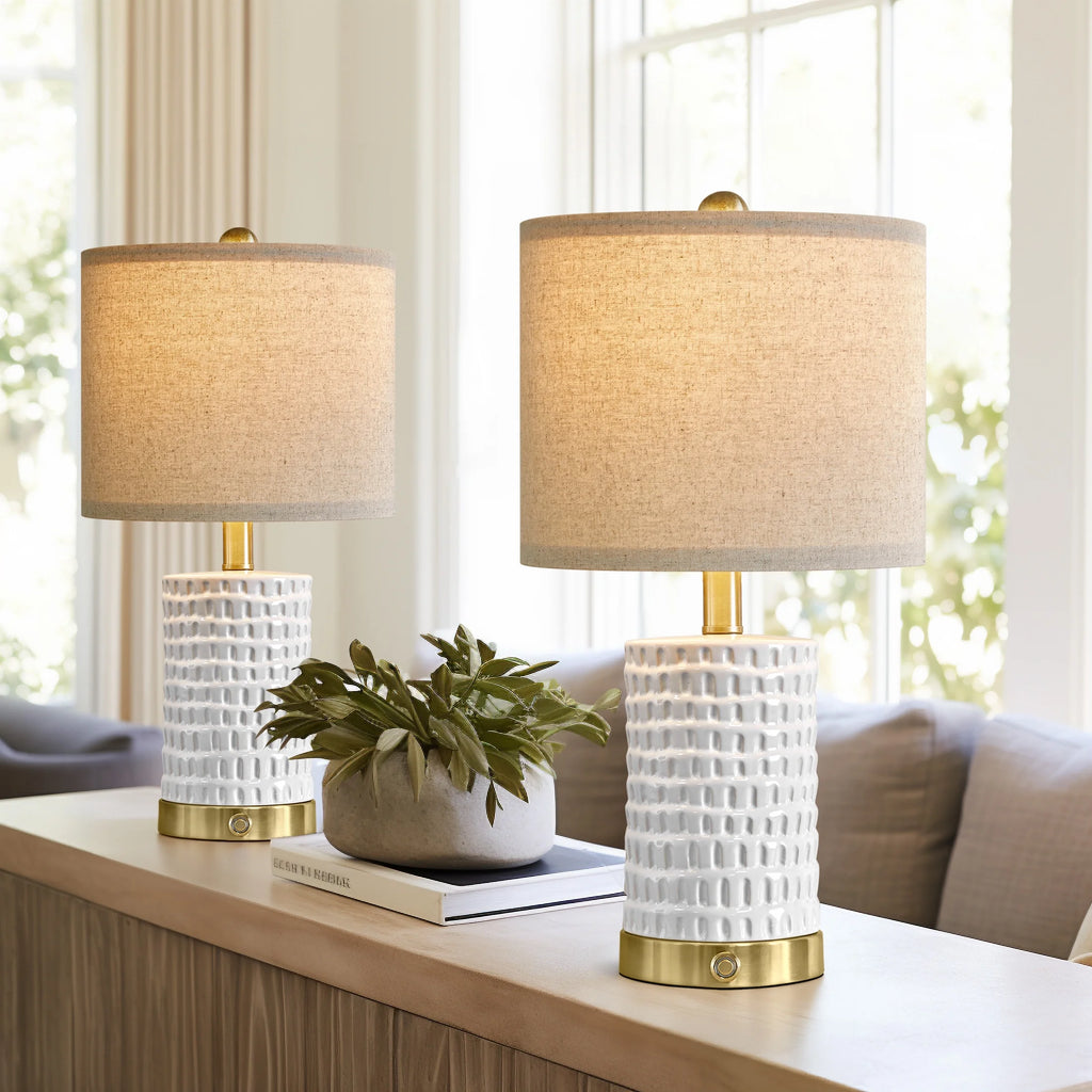 Set of 2 Dimmable Ceramic Table Lamps with USB Ports – Modern Farmhouse Bedside Nightstand Lighting