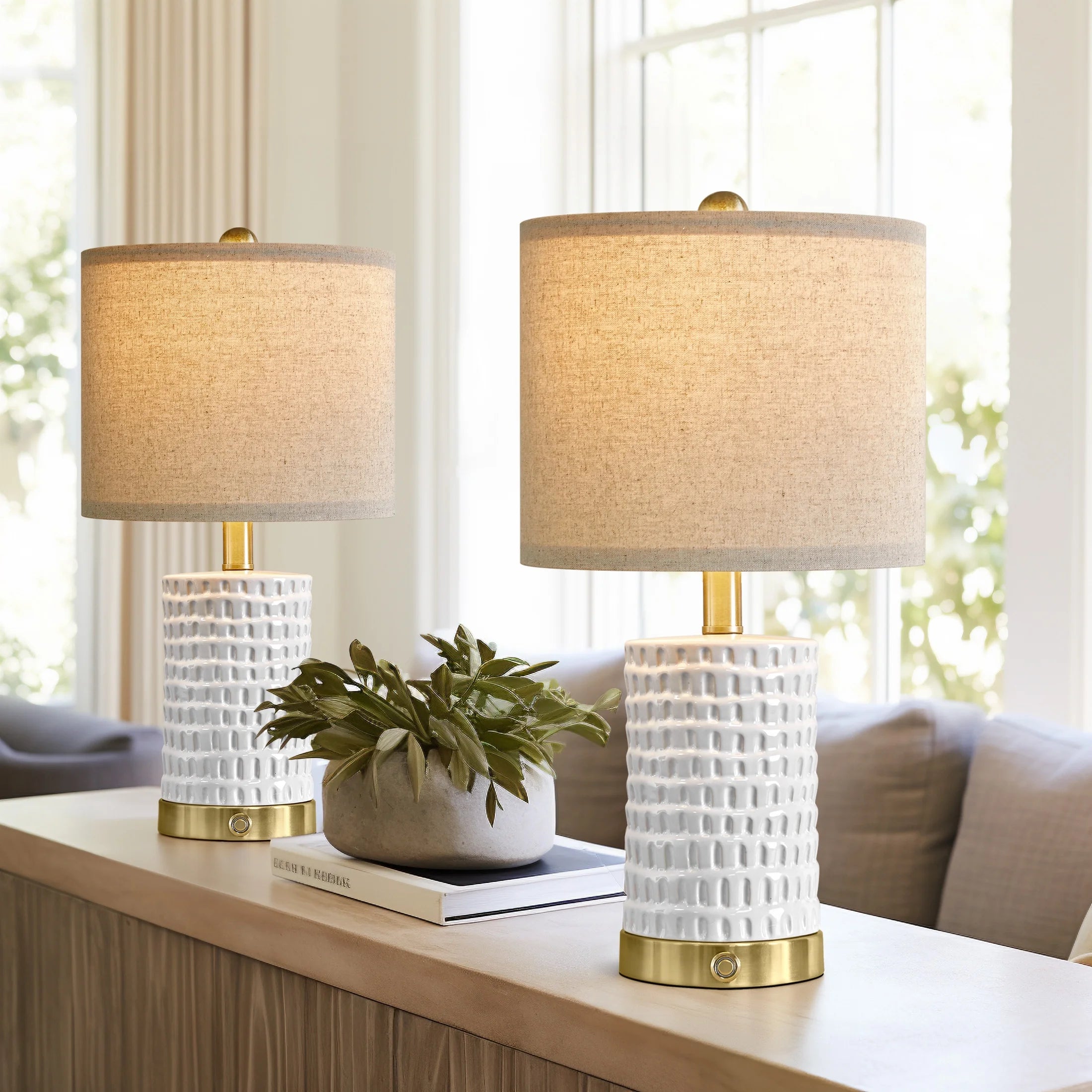 Set of 2 Dimmable Ceramic Table Lamps with USB Ports – Modern Farmhouse Bedside Nightstand Lighting