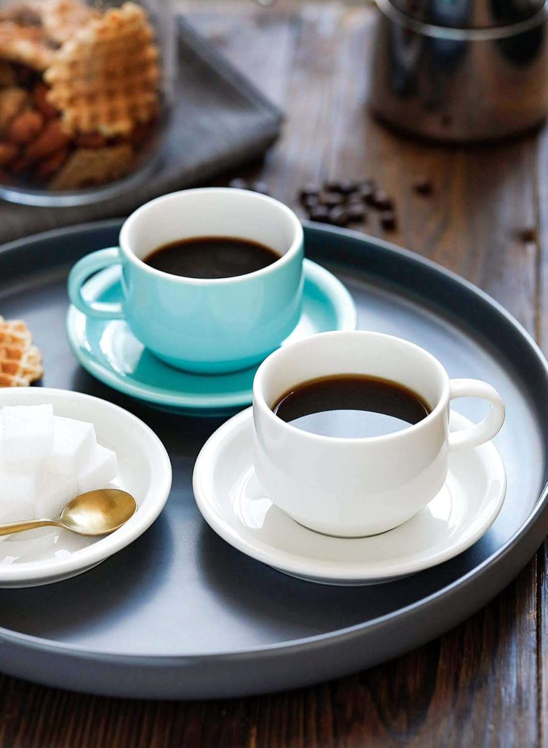 Colorful Stackable Espresso Cup Set with Saucers & Metal Stand - 6-Piece 4oz Specialty Coffee Collection