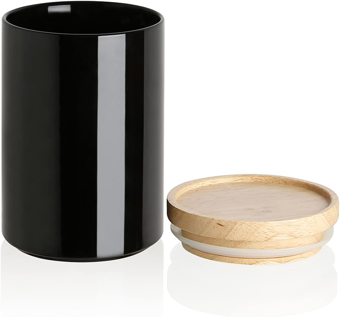 Stylish Black Ceramic Kitchen Canisters with Airtight Wooden Lids - Perfect for Coffee, Flour, Tea, Cookies & More - 58 Fl Oz Stackable Storage Solution