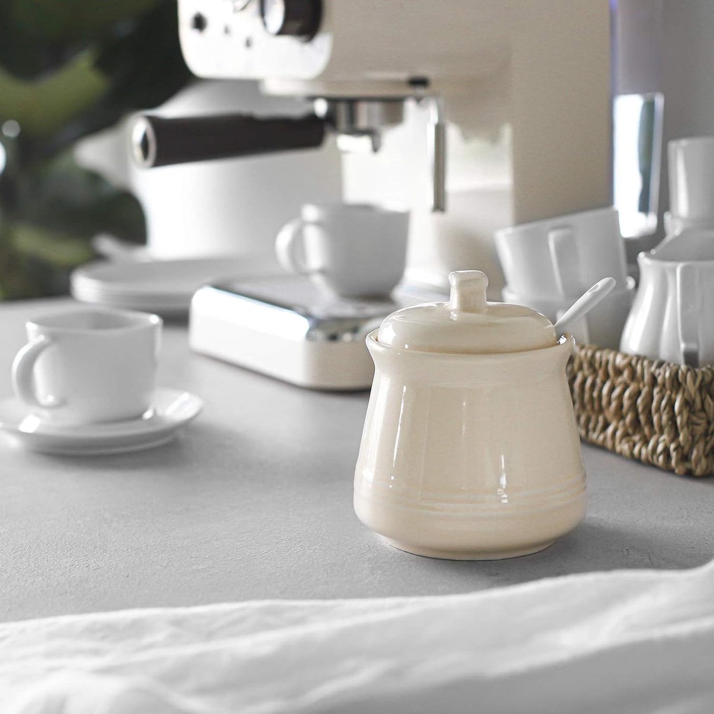 Elegant 12 Ounce Porcelain Sugar Bowl with Lid and Spoon - Perfect for Sugar or Salt, Ideal Coffee Bar Accessory for Home and Kitchen