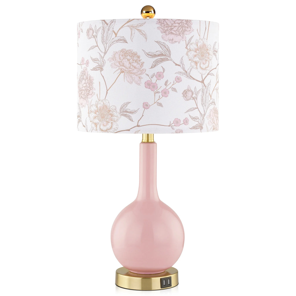 Pink Ceramic Table Lamp with USB Ports – 3-Way Dimmable Touch Bedside Lamp with Floral Shade