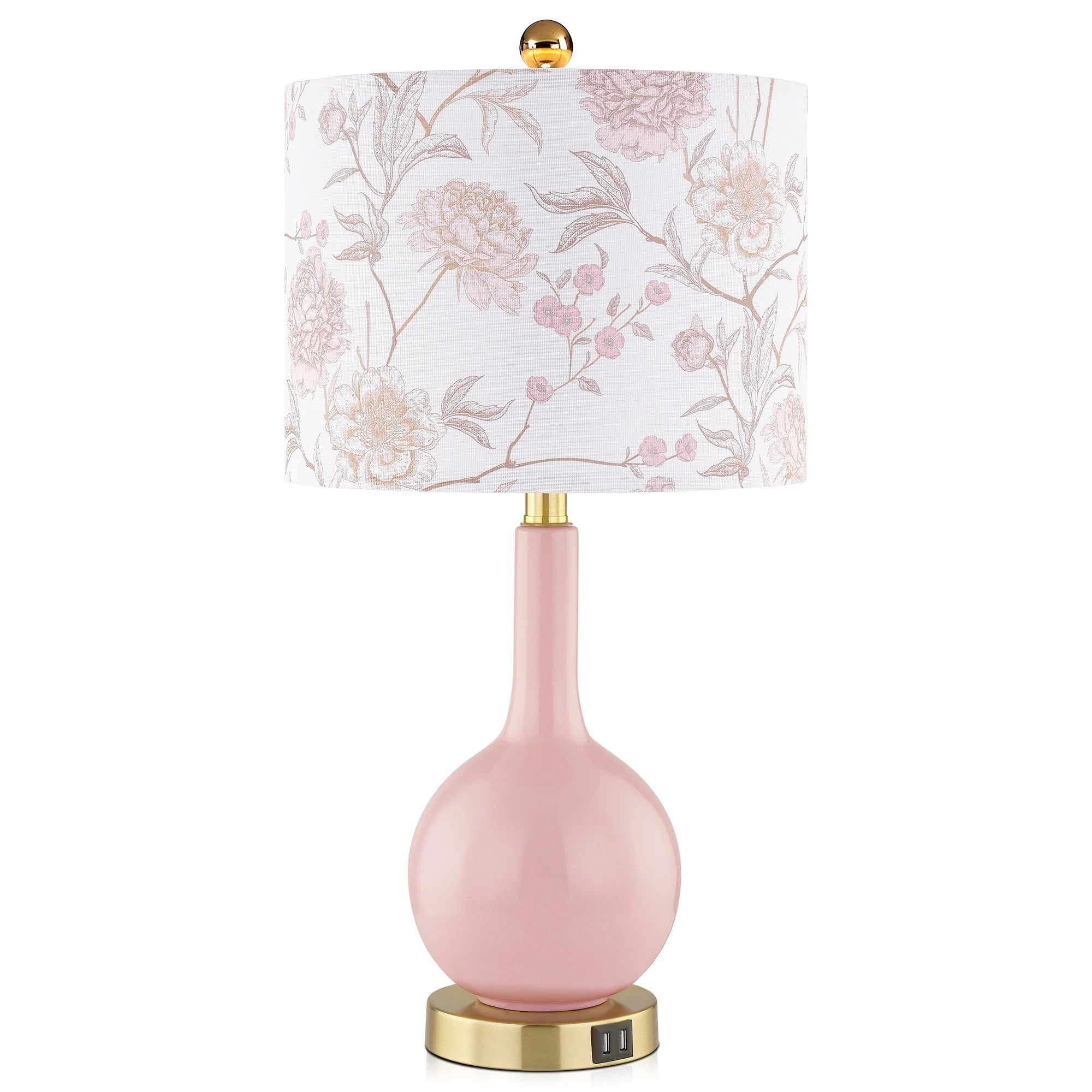 Pink Ceramic Table Lamp with USB Ports – 3-Way Dimmable Touch Bedside Lamp with Floral Shade