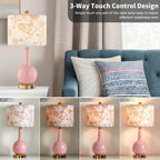 Pink Ceramic Table Lamp with USB Ports – 3-Way Dimmable Touch Bedside Lamp with Floral Shade
