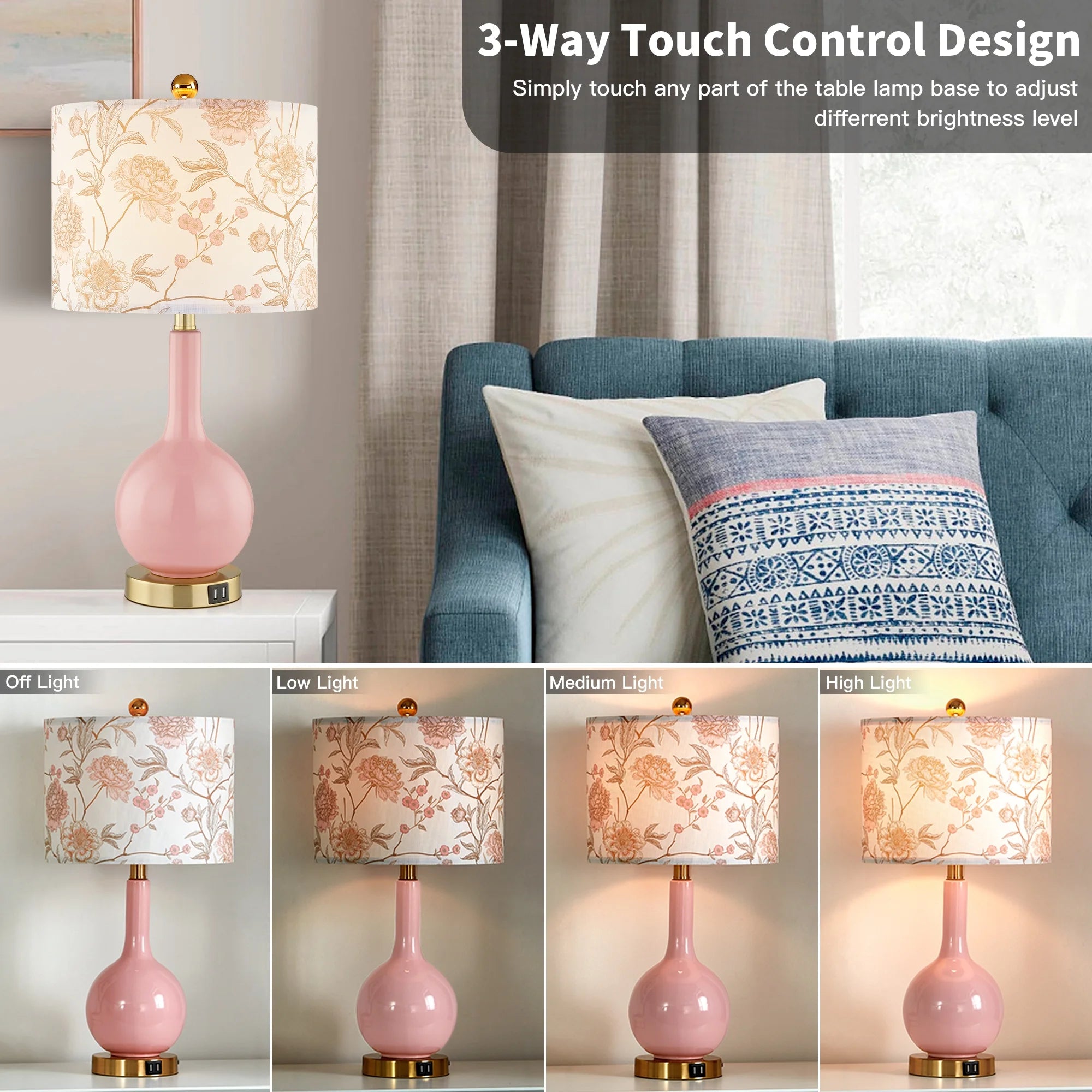 Pink Ceramic Table Lamp with USB Ports – 3-Way Dimmable Touch Bedside Lamp with Floral Shade