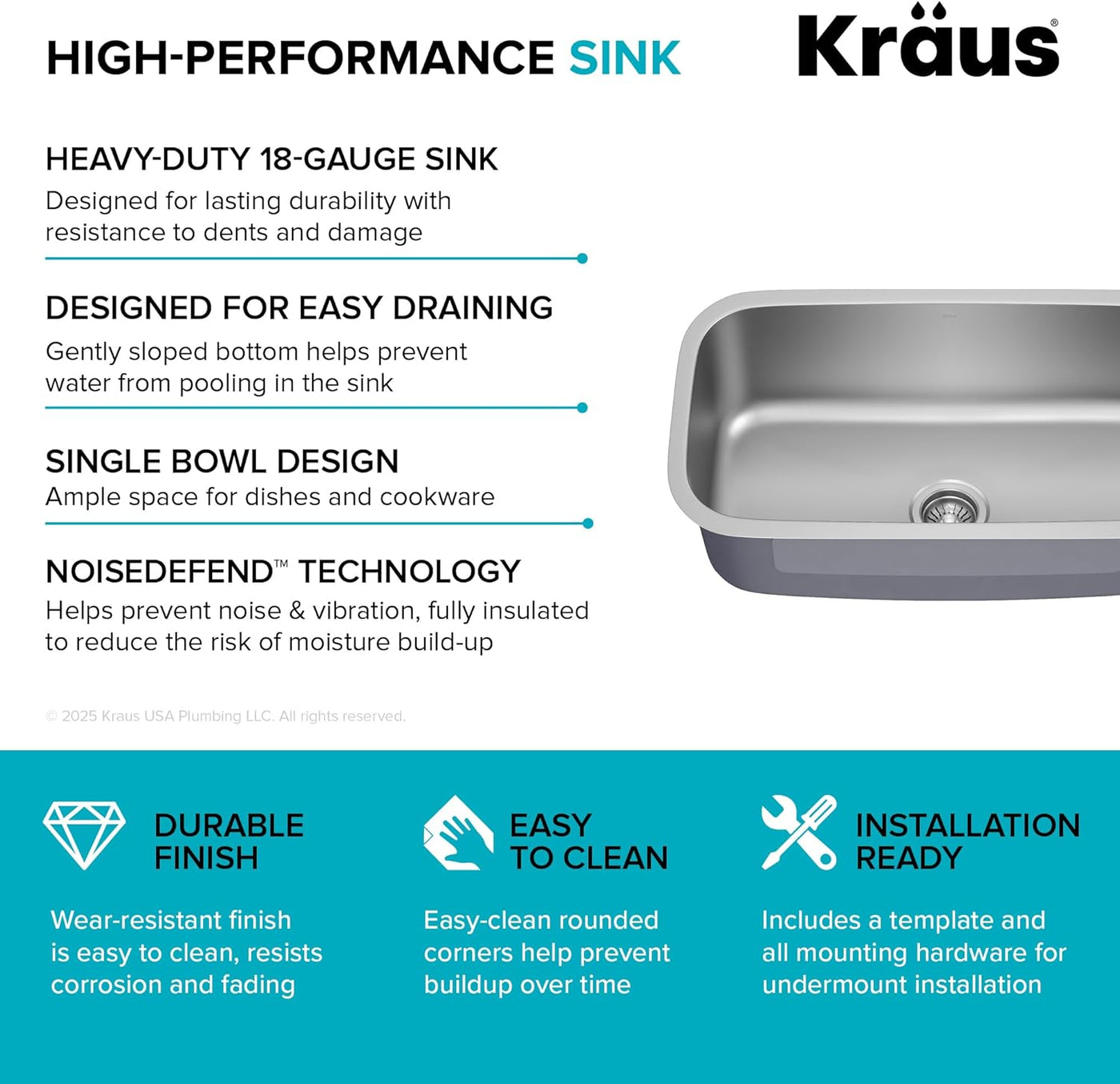 Durable 31.5" Undermount Stainless Steel Kitchen Sink - 18 Gauge Single Bowl KBU14