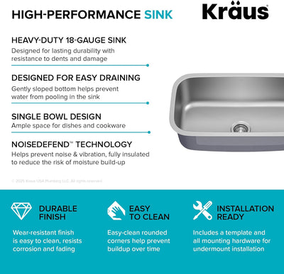 Durable 31.5" Undermount Stainless Steel Kitchen Sink - 18 Gauge Single Bowl KBU14