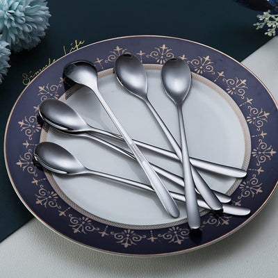 Premium Long Handle Stainless Steel Coffee and Cocktail Stirrer Set - 6 Elegant Spoons for Ice Tea, Cream, and More (Silver)