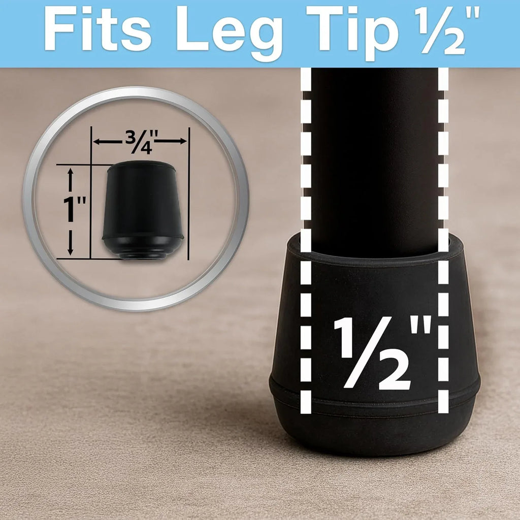 Non-Slip round Rubber Leg Tip Protectors 4 Pack – 1/2" Inner Diameter - Black