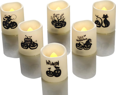 Set of 6 Pumpkin Decor Flameless LED Votive Candles - Realistic Flickering Battery Operated Lights for Halloween Magic! Batteries Included!