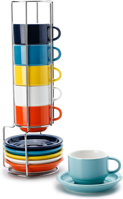 Colorful Stackable Espresso Cup Set with Saucers & Metal Stand - 6-Piece 4oz Specialty Coffee Collection