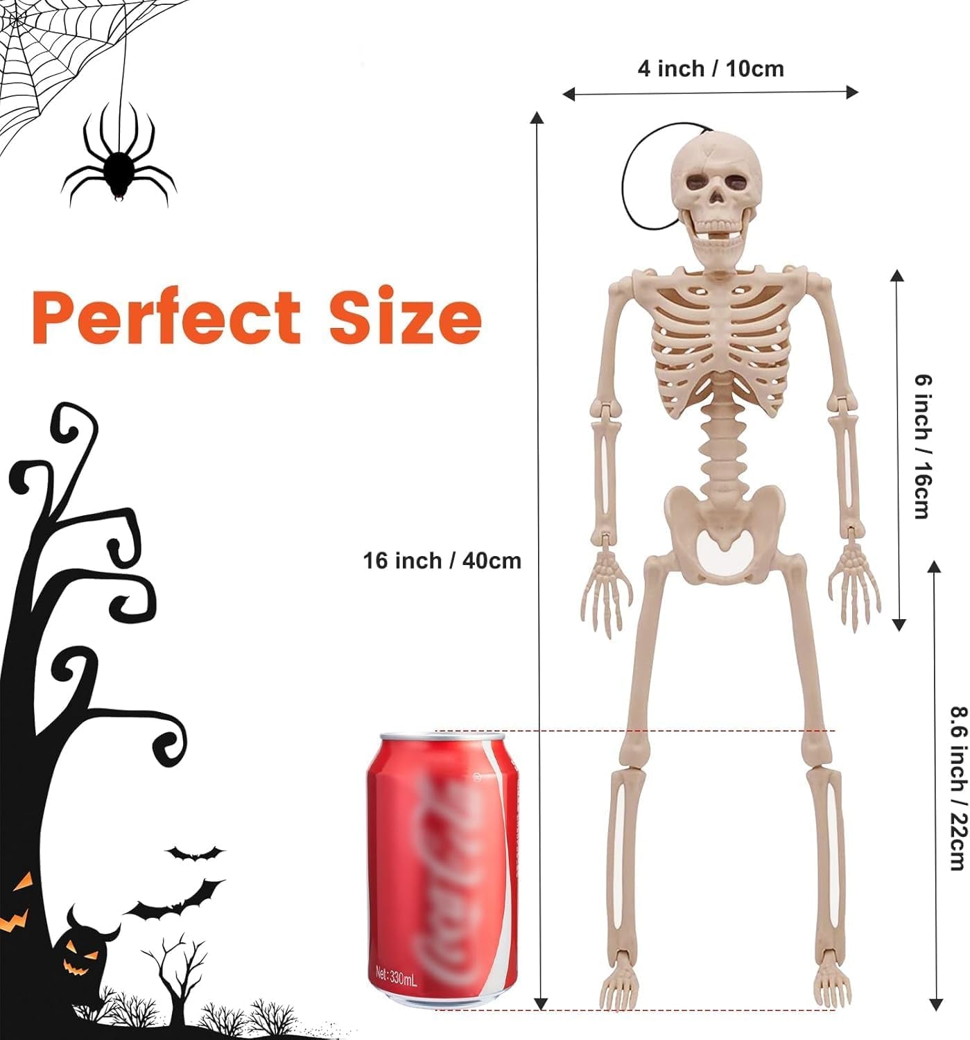 16" Small Skeleton Halloween Decor Full Body 2 Pack - Plastic Mini Skeleton Halloween Poseable Hanging Decorative - Cute Posable Joints Little Skeletons Indoor Table Decoration