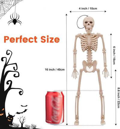 16" Small Skeleton Halloween Decor Full Body 2 Pack - Plastic Mini Skeleton Halloween Poseable Hanging Decorative - Cute Posable Joints Little Skeletons Indoor Table Decoration