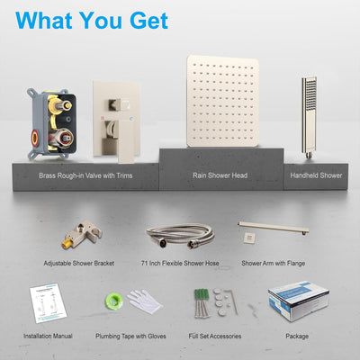 Rain Shower System Sets Faucet:  10 Inch Overhead Rainhead Shower Combo Set with Handheld and Valve-Luxury Modern Mixer Rainfall Brushed Nickel Shower Faucets Sets Complete - GG store