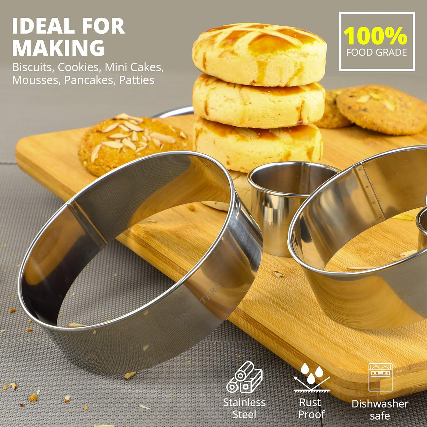 Versatile 4-Piece Round Cookie Cutter Set - Heavy Duty Metal Baking Rings (2'', 3'', 4'', 5'') for Perfect Pastries, Biscuits & Dough! Reusable and Durable!