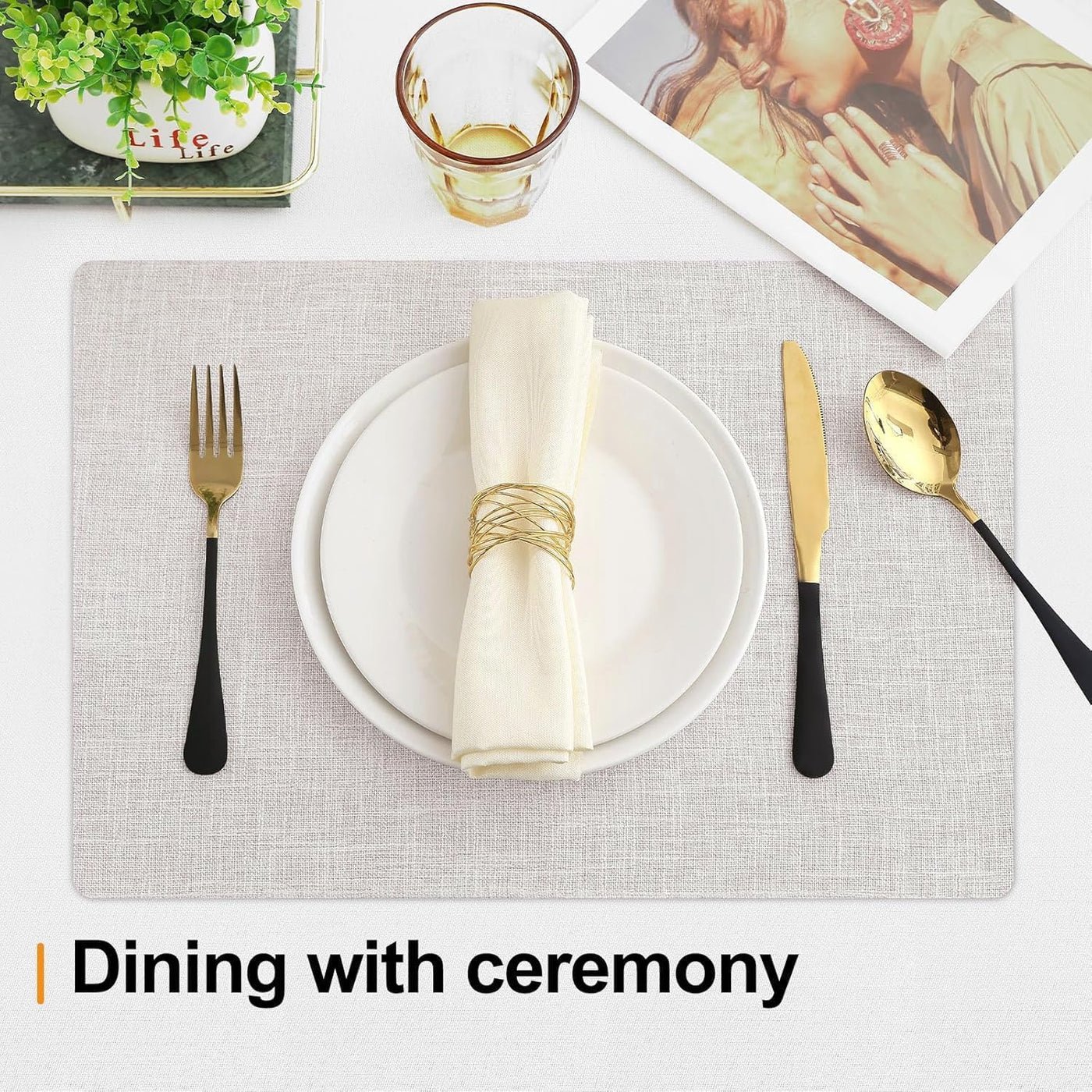 Elegant Beige Cotton Linen Blend Placemats - Set of 6, Heat Resistant & Washable, Perfect for Indoor & Outdoor Dining Decor, 13" x 19