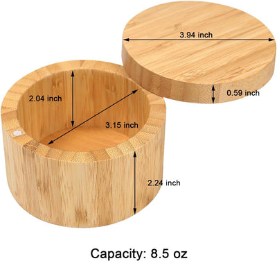 Elegant Bamboo Salt Box with Magnetic Swivel Lid - 8.5oz Round Spice Container for Secure and Durable Seasoning Storage and Organization