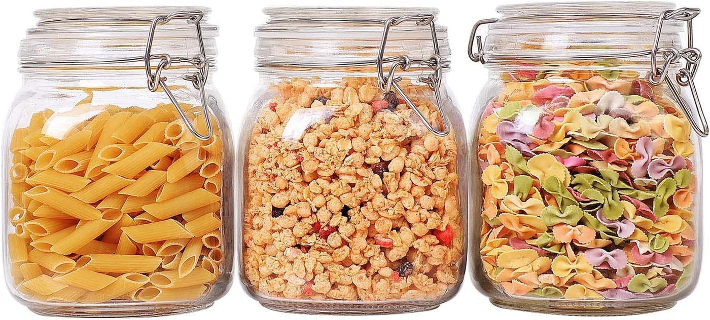 Airtight Glass Canister Set of 3 - 34Oz Food Storage Jars with Lids for Kitchen Canning, Cereal, Pasta, Sugar, Beans & Spices - Clear Preserving Seal and Wire Clip Fastening
