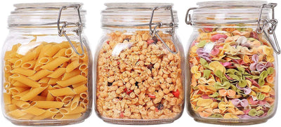 Airtight Glass Canister Set of 3 - 34Oz Food Storage Jars with Lids for Kitchen Canning, Cereal, Pasta, Sugar, Beans & Spices - Clear Preserving Seal and Wire Clip Fastening