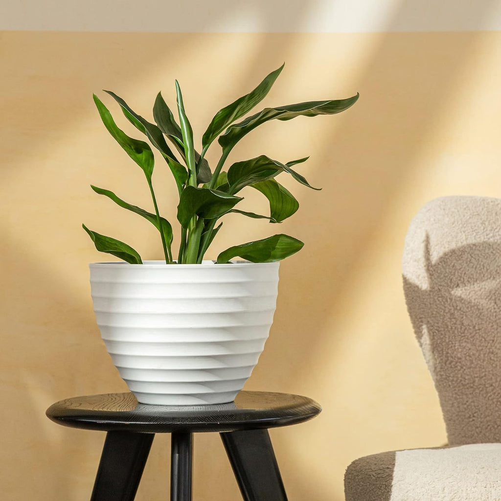10.2” Fluted White Flower Pot – Indoor Outdoor Stone Look Garden Planter