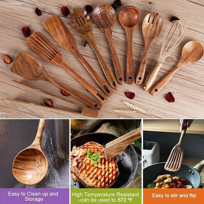 10-Pack Premium Wooden Cooking Utensils Set - Non-Stick Teak Spoons & Spatula for Effortless Kitchen Mastery