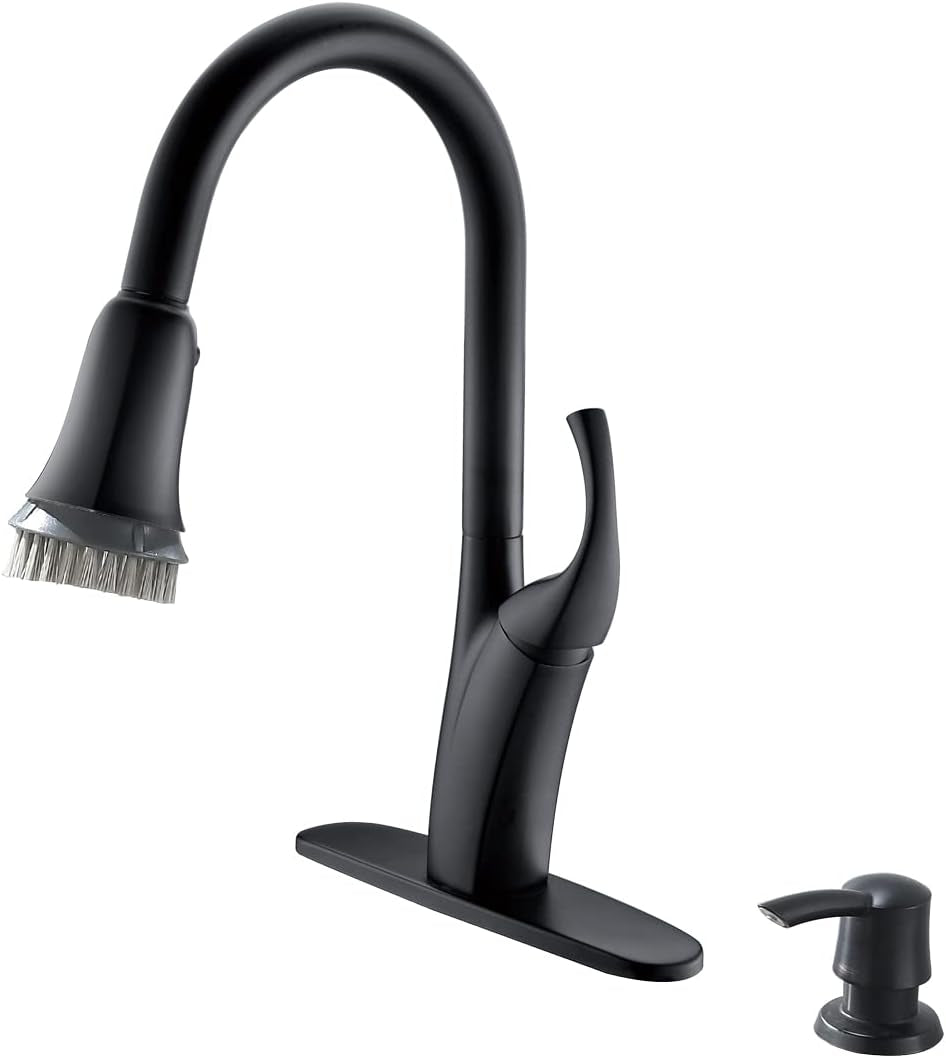Sleek Matte Black Kitchen Faucet with Pull Down Sprayer and Soap Dispenser - One Handle High Arc Design