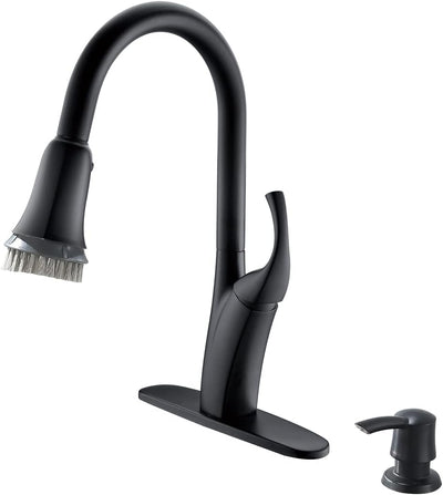 Sleek Matte Black Kitchen Faucet with Pull Down Sprayer and Soap Dispenser - One Handle High Arc Design