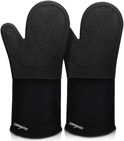 Ultimate Heat Resistant Extra Long Silicone Oven Mitts - 14.6 Inch Non-Slip Grip for BBQ, Baking, Cooking & Grilling - 1 Pair in Stylish Black