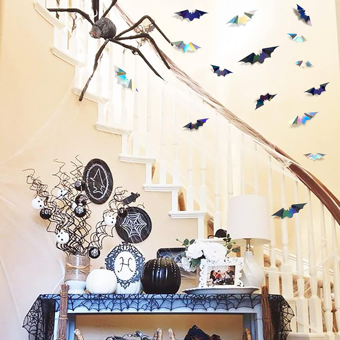 72 Pcs Iridescent 3D Bat Wall Decor for Halloween - Holographic Silver & Black Stickers for Spooky Home and Party Decorations