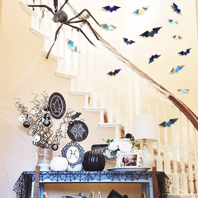 72 Pcs Iridescent 3D Bat Wall Decor for Halloween - Holographic Silver & Black Stickers for Spooky Home and Party Decorations