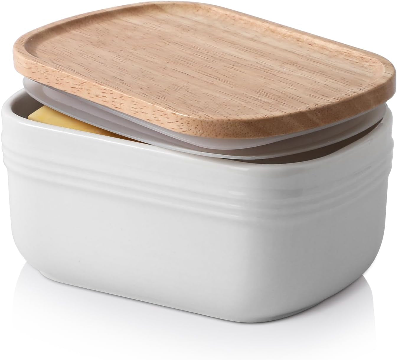 Extra Large Ceramic Butter Dish with Airtight Wooden Lid - Stylish Farmhouse Kitchen Decor, Freezer Safe & Perfect for Countertop or Fridge